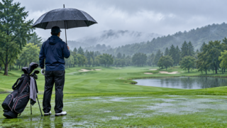 雨のゴルフコースで傘を差して歩くゴルファー